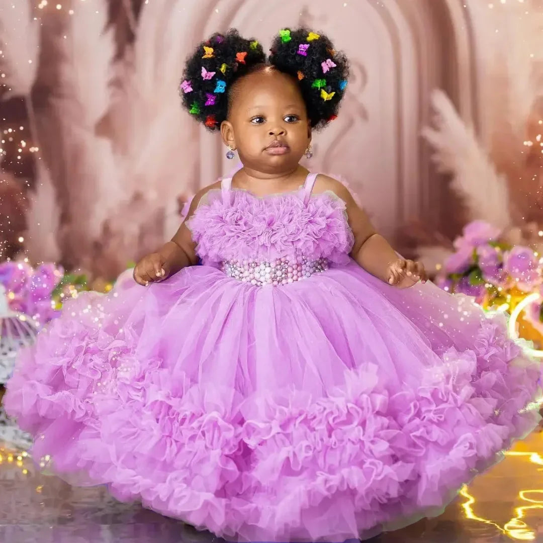 Customized Flower Girl Dress Purple Tulle Tiered Pearls Sleeveless For Wedding Birthday Party Banquet Prom Holy Communion Gown