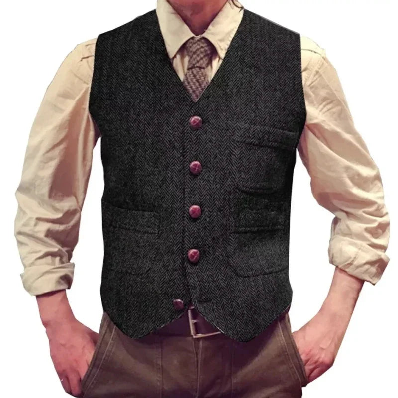 Herringbone Men Vest Dark Green Tweed Slim Casual Business Waistcoat For Wedding Party Banquet Work Prom Set Men Suit
