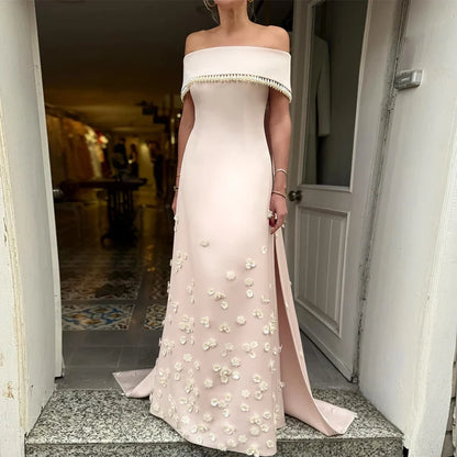 Luxurious Evening Dress Pearls Off the Shoulder Sequined Flowers Wedding Guest Gowns for Women A Lint Watteau Train Formal Dress
