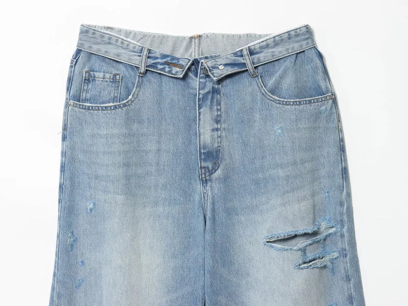 2025 women's new street fashion fold waist mid waist washed ripped jeans loose version of the floor-length pants