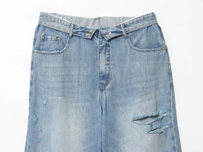 2025 women's new street fashion fold waist mid waist washed ripped jeans loose version of the floor-length pants