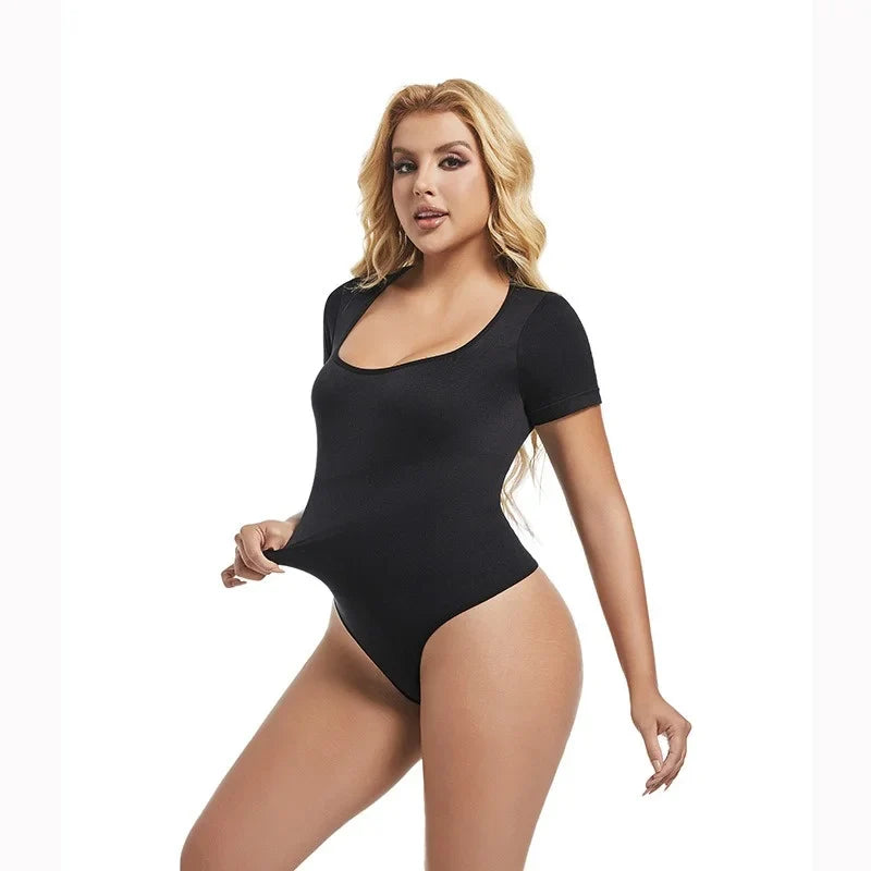 Short Sleeve Open Crotch Big U Neck Seamless Shapers Spandex Elastic Body Suit Shapewear Women Body Shaper Tummy Control