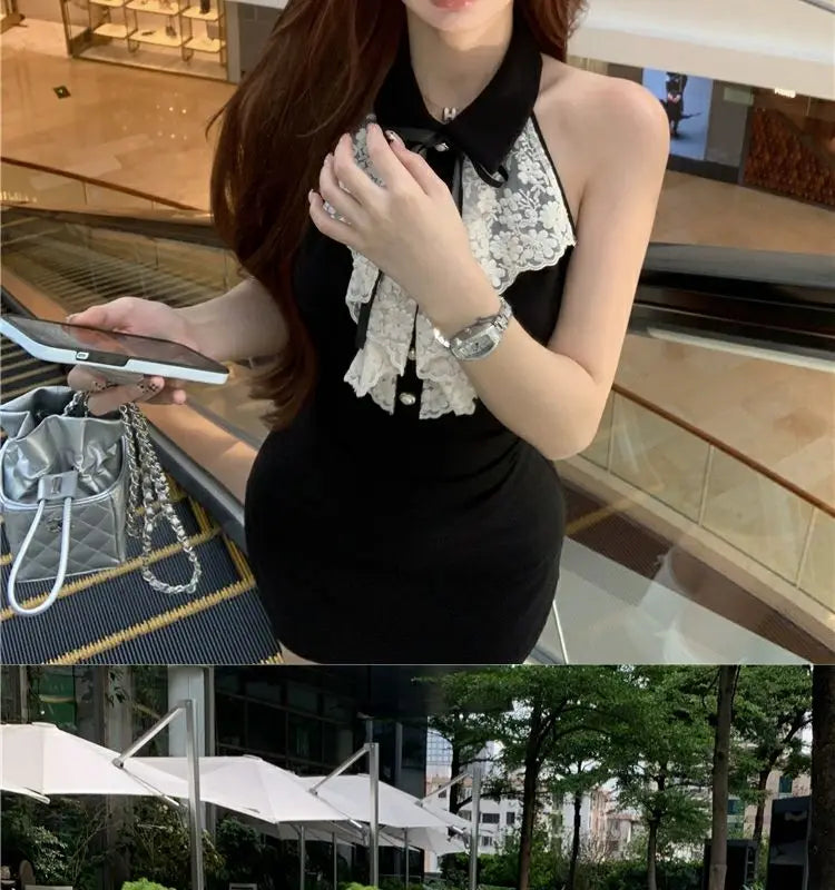 Hotsweet Y2k Dress Women Lace Splicing Bow Halter Waist Slim Fit Hip Mini Dresses Fashion Birthday Party Vestido Summer