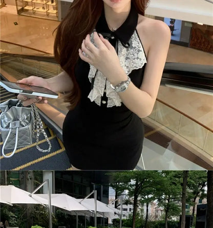 Hotsweet Y2k Dress Women Lace Splicing Bow Halter Waist Slim Fit Hip Mini Dresses Fashion Birthday Party Vestido Summer