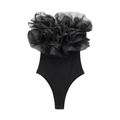 Willshela Women Fashion Ribbed Bodysuit With Organza Ruffle Vintage High Elastic Sexy y2k Female Chic Lady Tops body femme