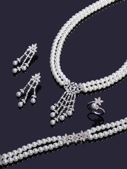Trendy Pearl Tassel Necklace 4PCS Jewelry Set For Women Wedding Party Full Zircon Dubai Bridal Jewelry Set Gift