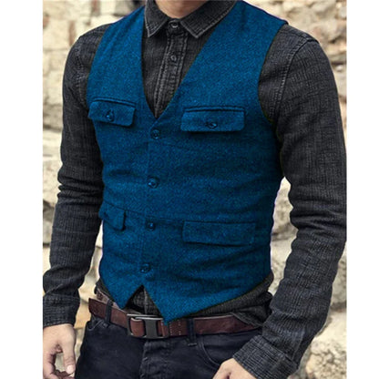 Men Vest V Neck Classic Steampunk Suit Wool Tweed Notch Lapel Thick Tweed For Wedding Groom Banquet Waistcoat