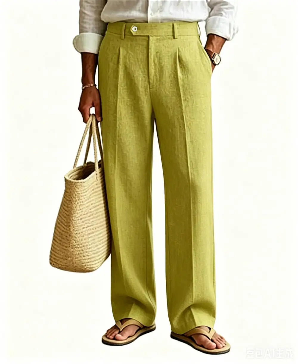 Mens Linen Casual Dress Pants Old Money Pleated Wide Leg Baggy Vintage Relaxed Fit Slacks Work Office Trousers