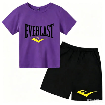 Kids Summer Leisure Simple Letter Print 2pcs O-neck Tees+Shorts Pants Sportsuits 2-13 Years Boys Girls Streetwear Children Sets