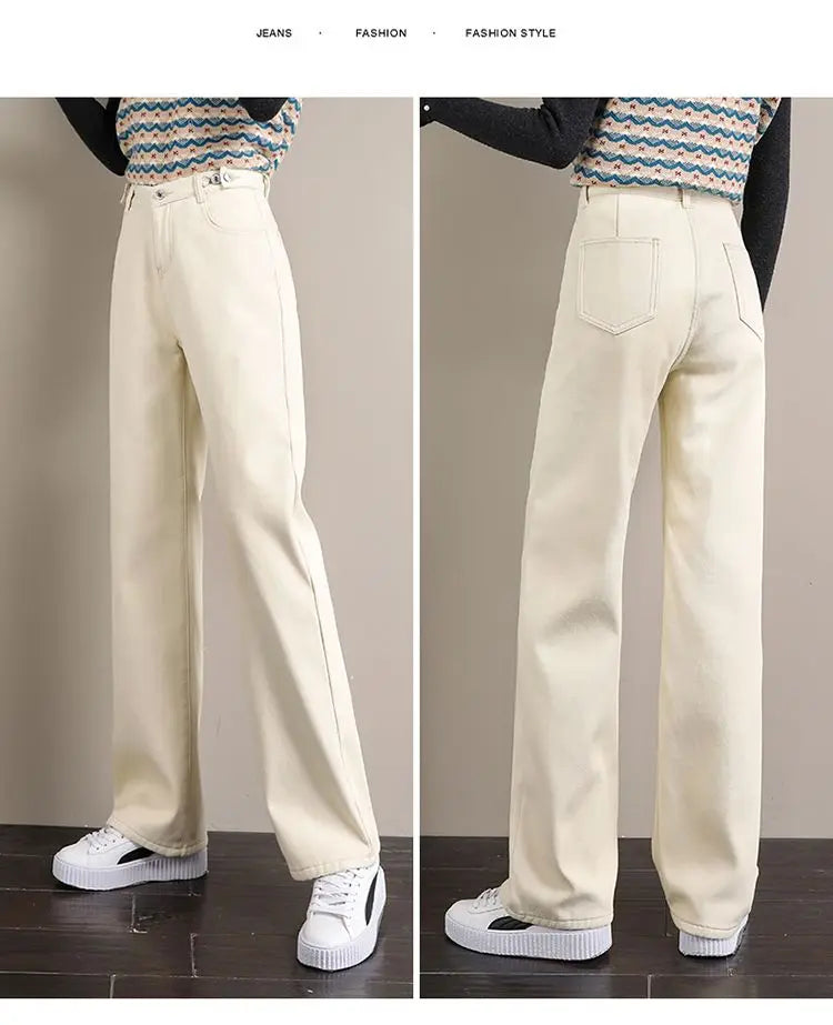 Winter Thick Warm Womens High Waist Jeans Fleece Lined Loose Fit Wide Leg Trousers Korean Style Stretchy Adjustable Waist  Jeans