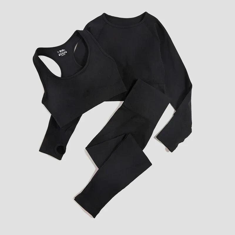 2/3Pcs Women Seamless Fitness Yoga Suit Workout Long Sleeve Crop Top Shirt Sports Bra High Waist Running Leggings Gym Clothing