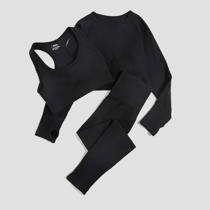 2/3Pcs Women Seamless Fitness Yoga Suit Workout Long Sleeve Crop Top Shirt Sports Bra High Waist Running Leggings Gym Clothing