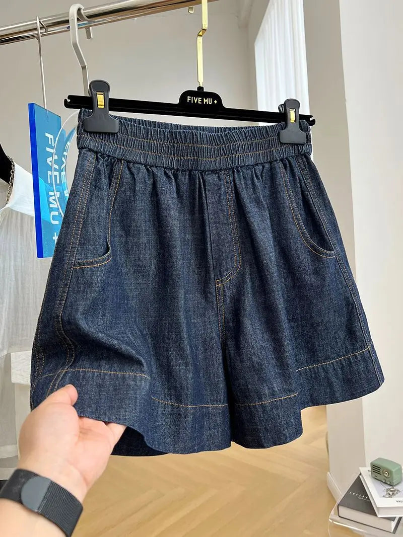 European-style high-end elastic waist casual denim shorts for women, summer thin loose high-waist A-line wide-leg hot pants