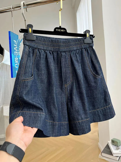 European-style high-end elastic waist casual denim shorts for women, summer thin loose high-waist A-line wide-leg hot pants