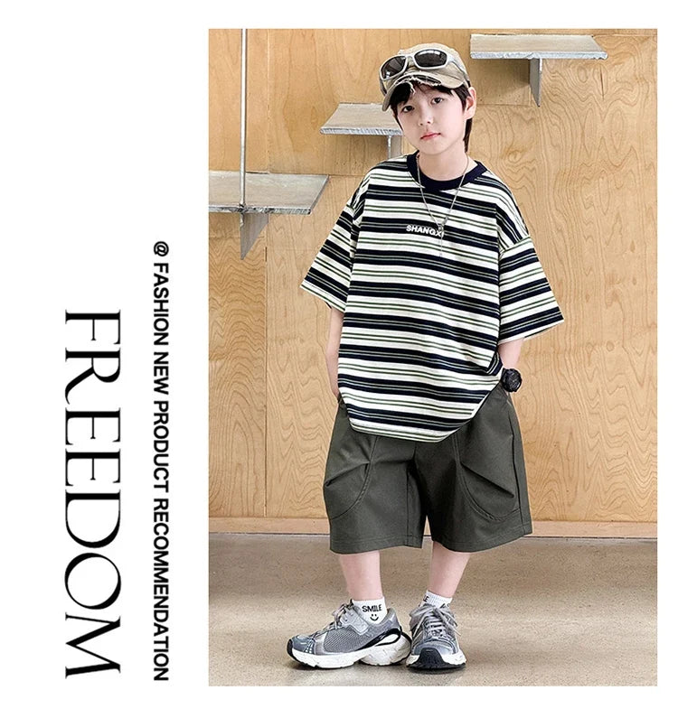 Korean Kids Striped Summer Suit for Boys Top and Bottom Set Children Cotton Short Sleeve T-shirt and Cargo Shorts Clothes Set