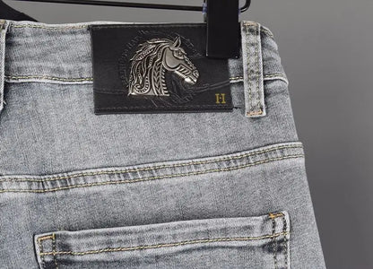 New Slim Fit Casual Jeans with Heavy Duty Ironing Drills Prints Branded Korean Style Clothes for Men Streetwear Washed Jeans