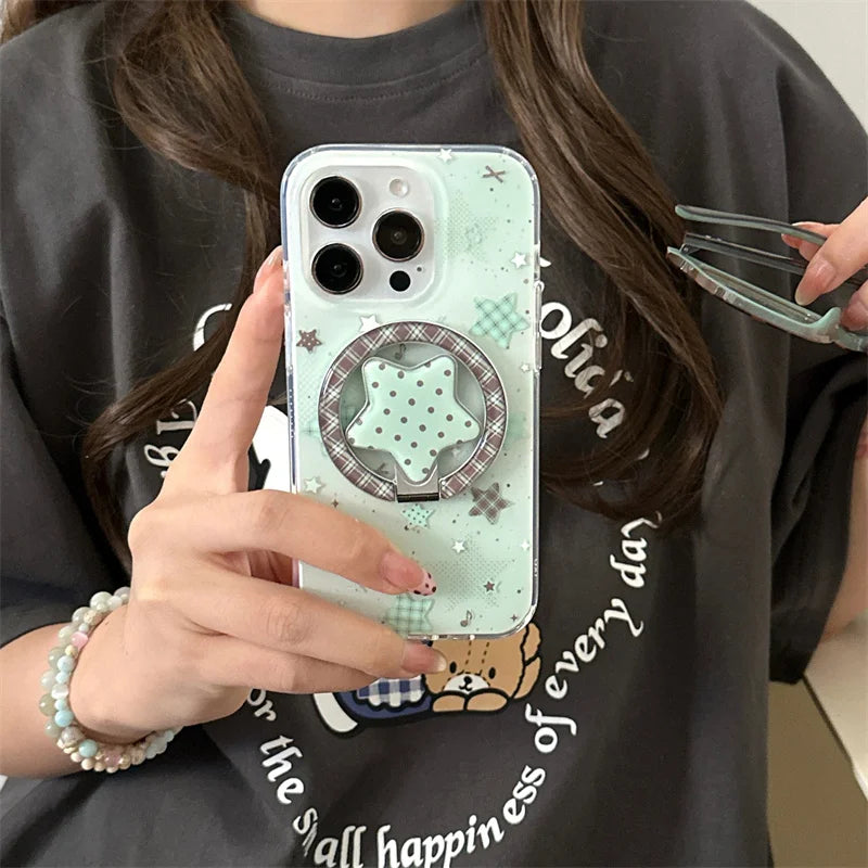 Fashion Mint Green Polka Dot Star Magnetic Stand Phone Case For iPhone 17 16 Pro 15 14 Pro Max Cover For Magsafe Cases Cute Capa