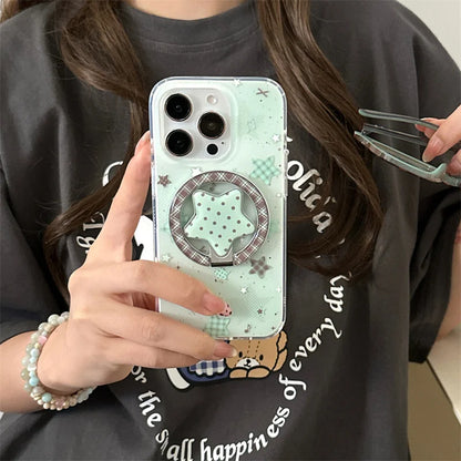 Fashion Mint Green Polka Dot Star Magnetic Stand Phone Case For iPhone 17 16 Pro 15 14 Pro Max Cover For Magsafe Cases Cute Capa