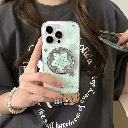 Fashion Mint Green Polka Dot Star Magnetic Stand Phone Case For iPhone 17 16 Pro 15 14 Pro Max Cover For Magsafe Cases Cute Capa