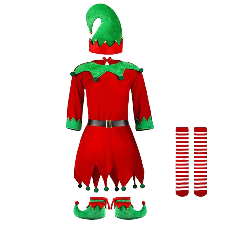 2026 Girl Boy Christmas Elf Costumes Santa Claus Kid Suit Festival Halloween Cosplay Sets Green Elves Clothes