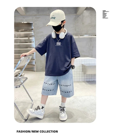 6-16 Year Children Short Sleeve Top And Bottom Clothing Set for Tween Boys Casual Streetwear Outfit Kids New Summer Clothes Suit