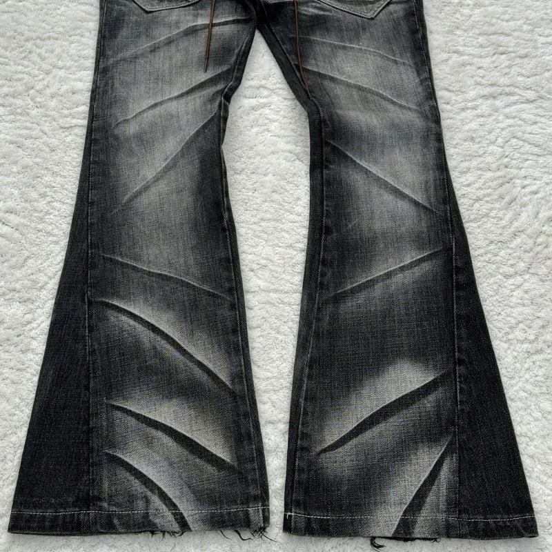 Y2K Distressed Flare Jeans Gothic Men Double Waist Lace Up Denim Pants Retro Washed Scratches Streetwear Unisex Bootcut Jeans