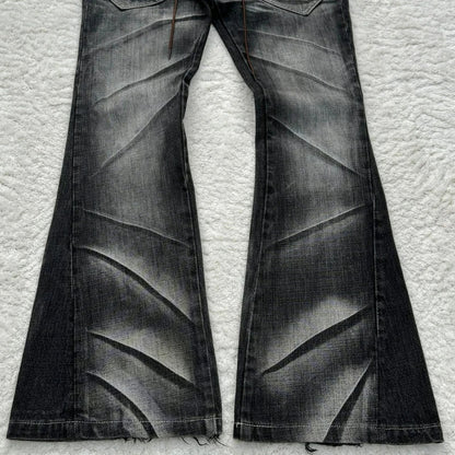 Y2K Distressed Flare Jeans Gothic Men Double Waist Lace Up Denim Pants Retro Washed Scratches Streetwear Unisex Bootcut Jeans