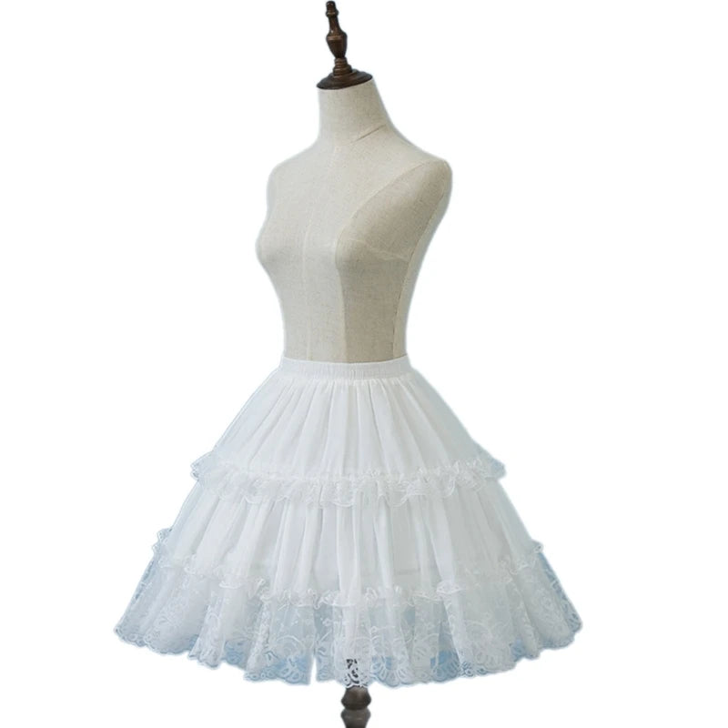 Womens Elastic Waist 2 Hoop Petticoat Ruffle Lace Short Half Slip Underskirt