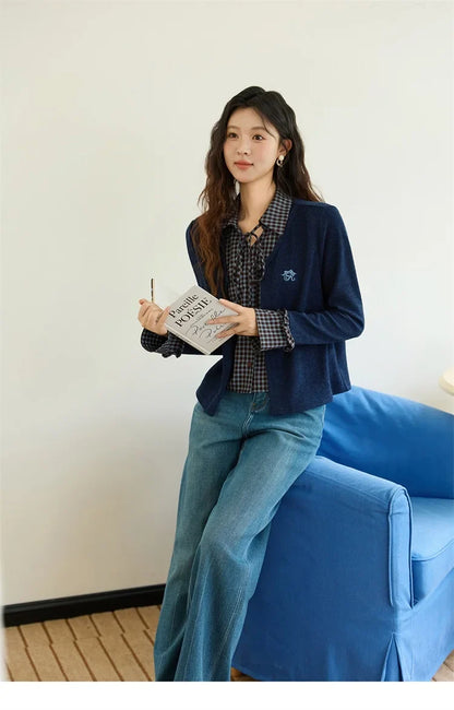 Women's Fake Two Knitted Sweaters 2025 Autumn Plaid Splicing Embroidered Tops Retro Lapel Flare Sleeve Tops MXE45Z1401