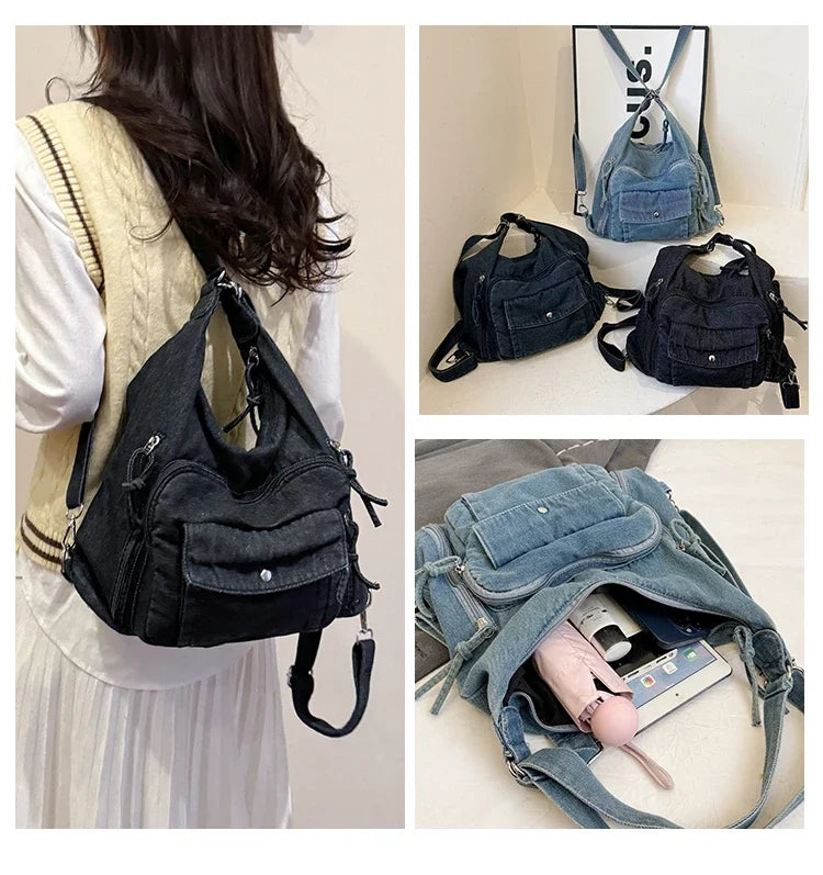 Solid Color Denim Trendy Shoulder Bag for 2025 High Quality Fashion Zipper Large Capacity Versatile Women's Crossbody Bag