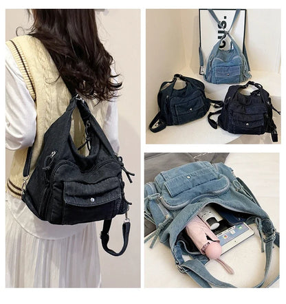 Solid Color Denim Trendy Shoulder Bag for 2025 High Quality Fashion Zipper Large Capacity Versatile Women's Crossbody Bag