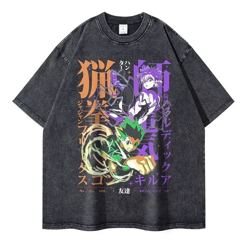 T-shirts Vintage Washed Anime Hunter T Shirt Oversize Manga Killua Zoldyck Gon Hisoka Chrollo Tops Tees Men 100% Cotton