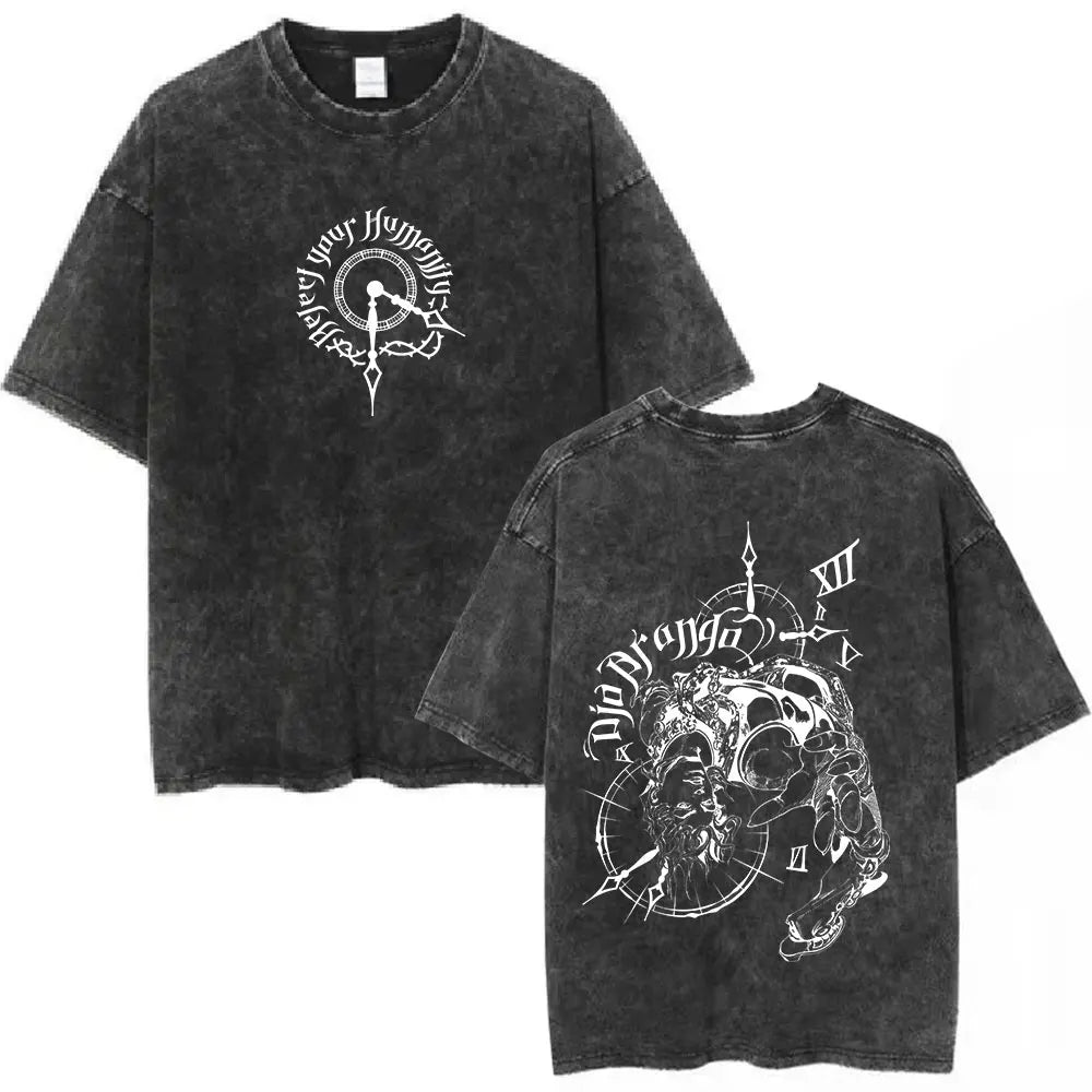 Anime Jojo Bizarre Adventure Washed T-shirt STEEL BALL RUN Diego Brando Manga T-shirts Men Women Cotton Casual Oversized T shirt