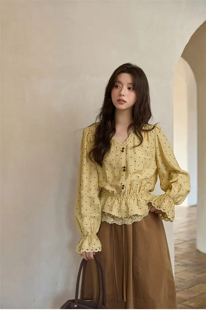 Autumn Yellow Polka Dot Linen Blouse 2025 Autumn Lace V-neck Commuter Top Flare Sleeve Elastic Waist Shirts MXE42X1975