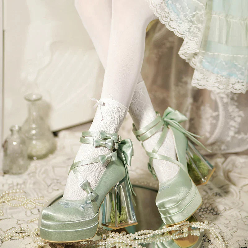 Original Lolita Red High Heels Women's Sweet Elegant Bow Velvet Mary Jane Shoes Ladies Birthday Party Cos Platform Shoes Spring