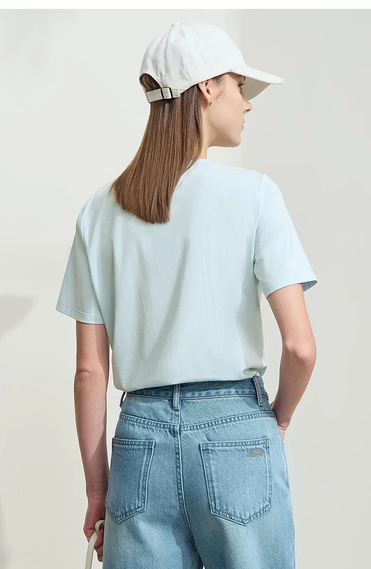 Minimalist T-shirt Women's Tops O-neck Short Sleeves Geometric Decoration Antibacterial Cotton Elastic Casual Tees 12521088