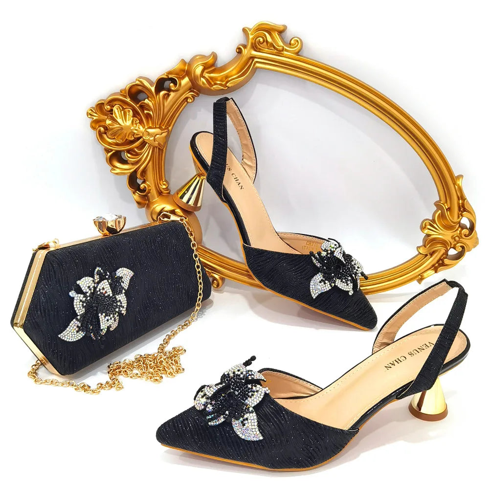FASHION SHOE Sandals Women 2022 High Heels sexy Green Color Rhinestone Flowers Party Pumps Wedding Shoe and Matching Bag Set