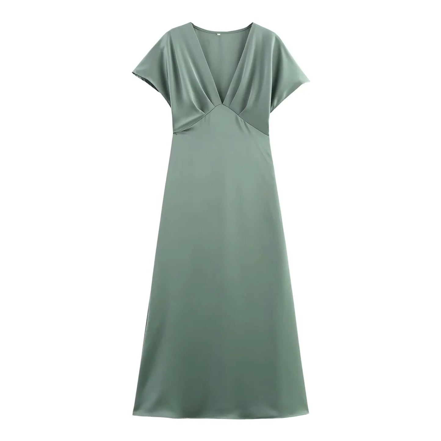Women Elegant Solid Satin Dress Sexy V Neck Short Sleeve Midi Dress 2025 New Fashion Summer Lady Holidays Party Dress