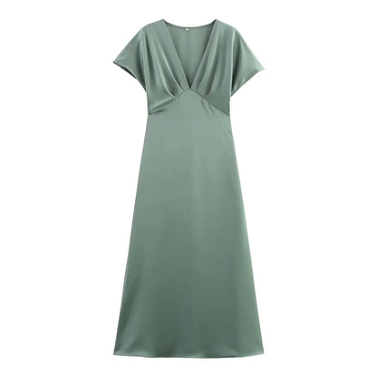 Women Elegant Solid Satin Dress Sexy V Neck Short Sleeve Midi Dress 2025 New Fashion Summer Lady Holidays Party Dress