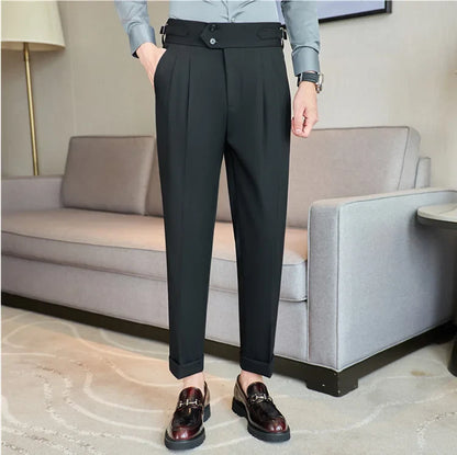 British Style Autumn New High Waist Trousers Men Belt Design Slim Fit Suit Pants Office Social Wedding Party Formal Pants Hommes