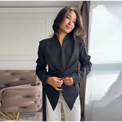 Chic Pleated Waist Cinched Women's Jacket V Neck Single Breasted Lace Up Blazer Coat Lady 2026 Casual Slim Commute Outerwear