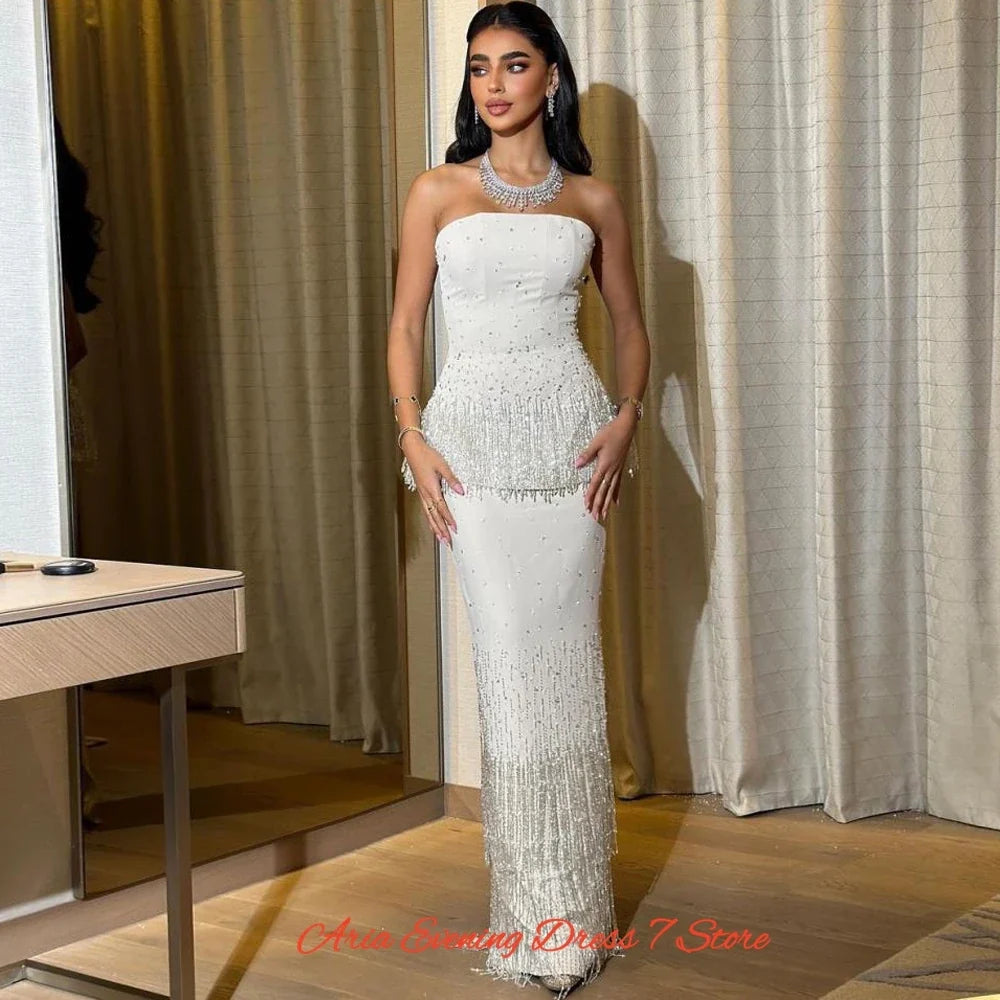 Exquisite Jersey Strapless Crystal Customized Evening Dress Classic Tassel Bridal Party Delicate Lace Up Back Celebrity Gowns