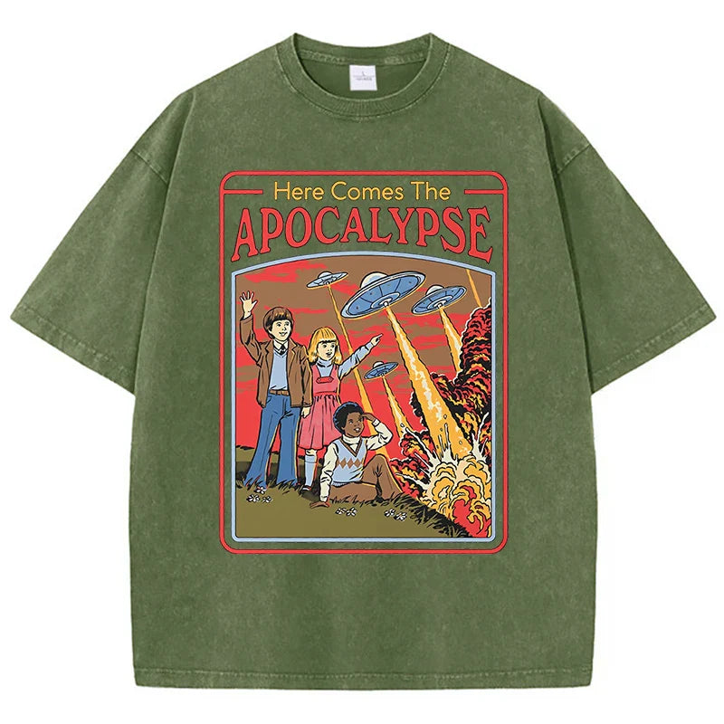 Here Comes The Apocalypse Ufo Washed Retro Men Clothing Oversized Quality Streetwear Fashion Cotton Tops Casual Loose T-Shirt