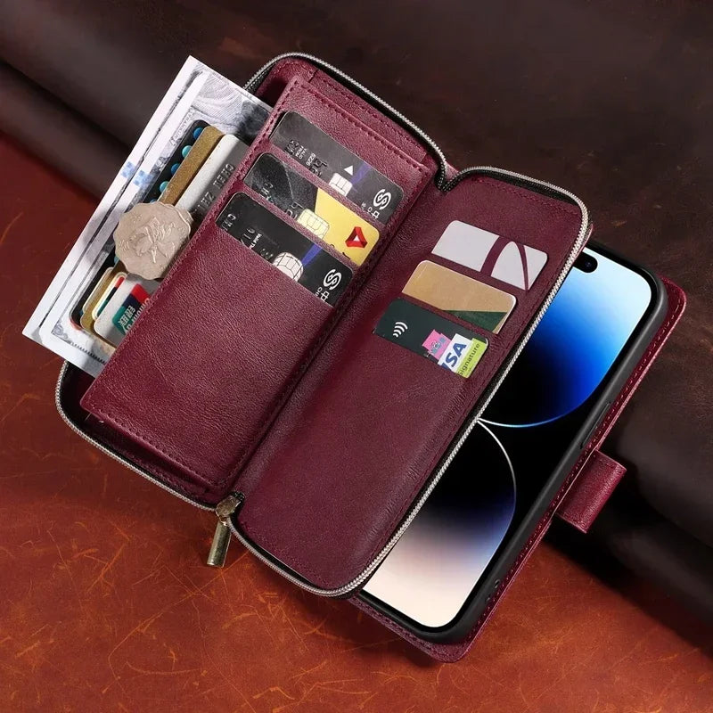 Double Layer Zipper Wallet Case with 9 Card Slots for iPhone 16 16E Pro Max 15 14 Plus13 12 Pro Max PU Leather Flip Cover