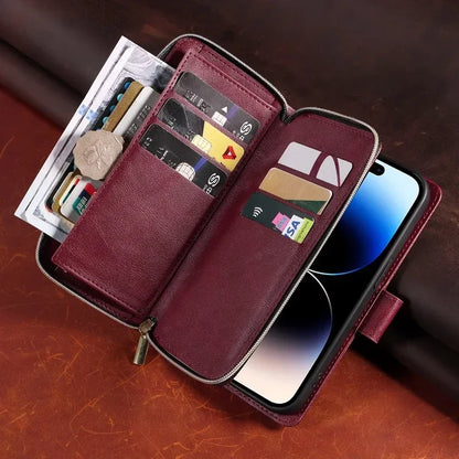 Double Layer Zipper Wallet Case with 9 Card Slots for iPhone 16 16E Pro Max 15 14 Plus13 12 Pro Max PU Leather Flip Cover