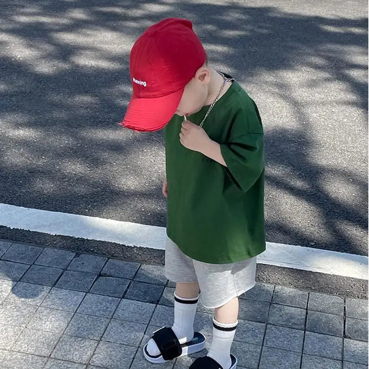 100% Cotton Boys Short Sleeve T-Shirt Korean Streetwear Style Loose Fit Casual Summer Baby Boy Basic Top Versatile Everyday Wear