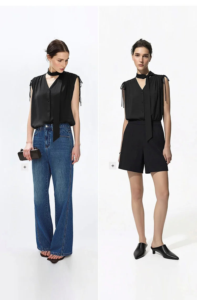 Sleeveless Women's Blouse 2026 Summer New Tie Neck Chiffon Top Flowy Loose Elegant Chic Office Shirt For Women 12642121