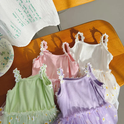 Girls Casual Dresses Little Daisy Flower Mesh Dress for Girls Summer Camisole Pompadour Dress Girls Clothes for2 To 7 Years