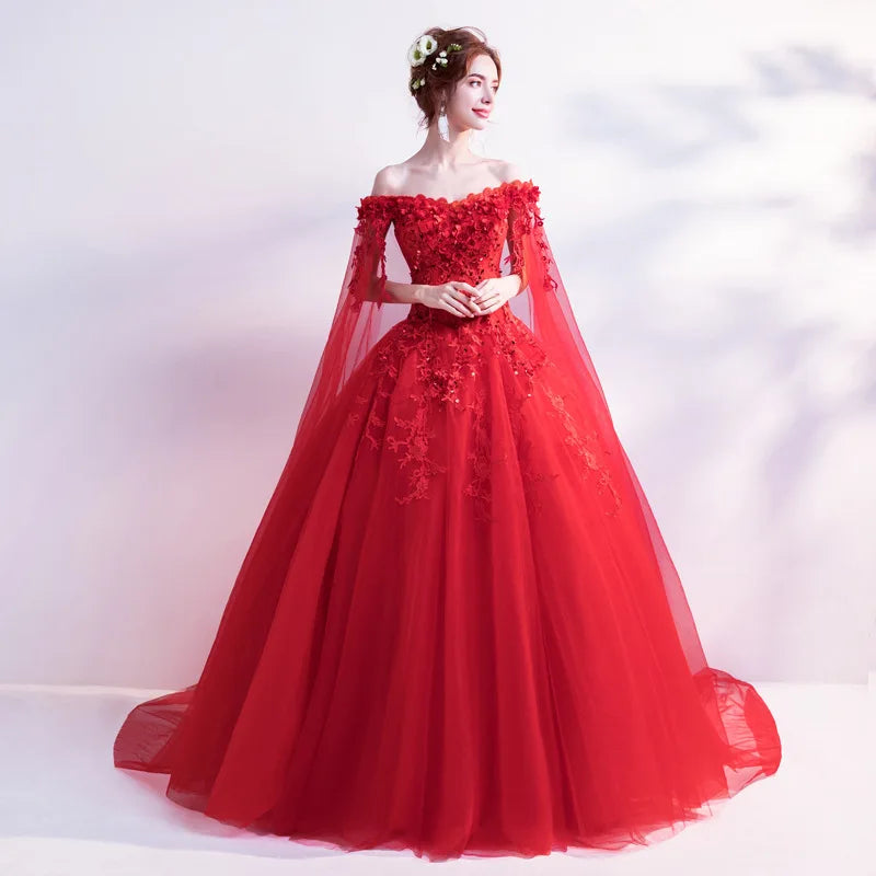 Long Wrap Red Of Shoulder Lady Girl Women Prom Dress Party Evening Dress Performance Dress Wedding Sand Bridesmaid Guest Dress