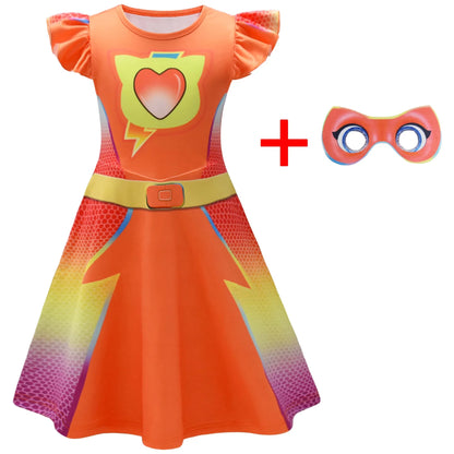 Children's SuperKitties Dresses Super Kitties Cosplay Costume Girls Flying Sleeves A-Line Dress Bag Mask Carnival Birthday Gift